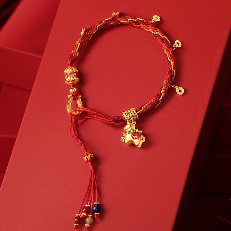 Copper Plated 18k Gold Year Of The Horse Fu Character Red String Luck Braided Bracelet
