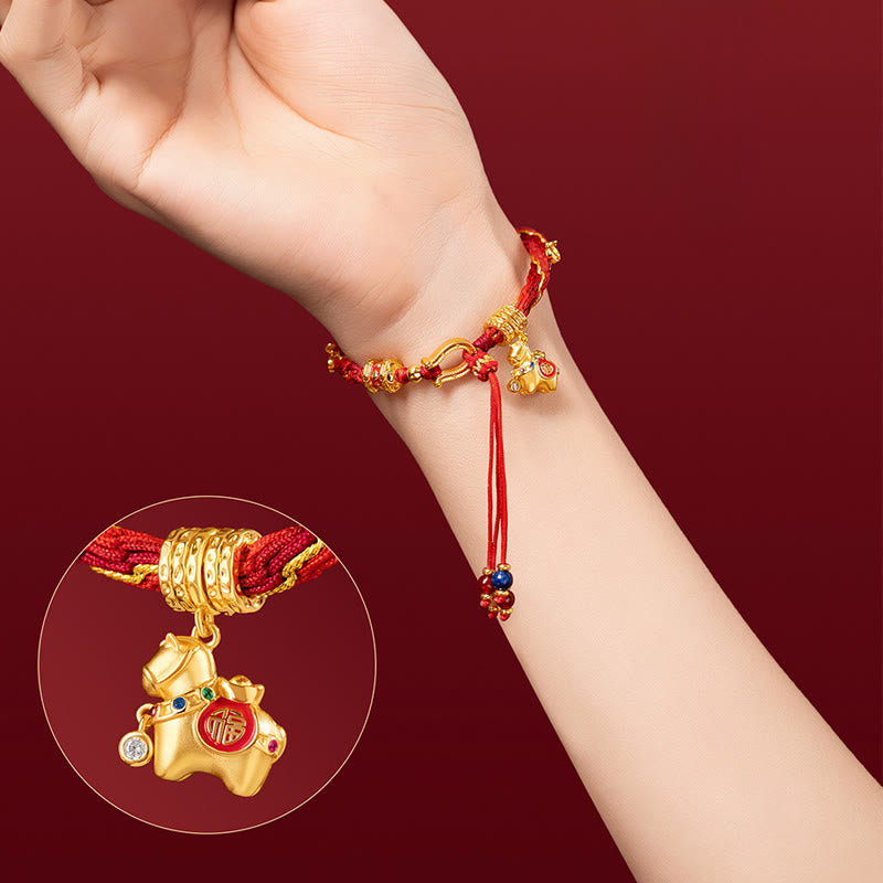 Copper Plated 18k Gold Year Of The Horse Fu Character Red String Luck Braided Bracelet