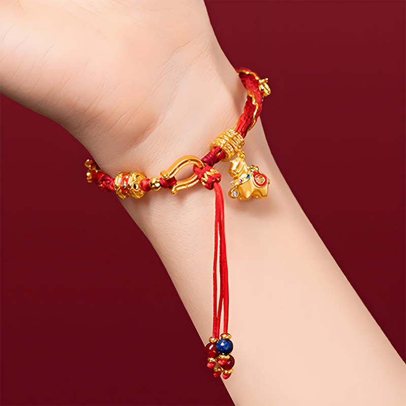Copper Plated 18k Gold Year Of The Horse Fu Character Red String Luck Braided Bracelet