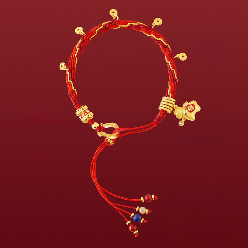 Copper Plated 18k Gold Year Of The Horse Fu Character Red String Luck Braided Bracelet