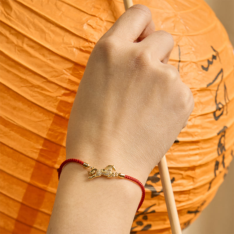 Chinese Zodiac Year Of The Horse 925 Sterling Silver Golden Red String Luck Bracelet