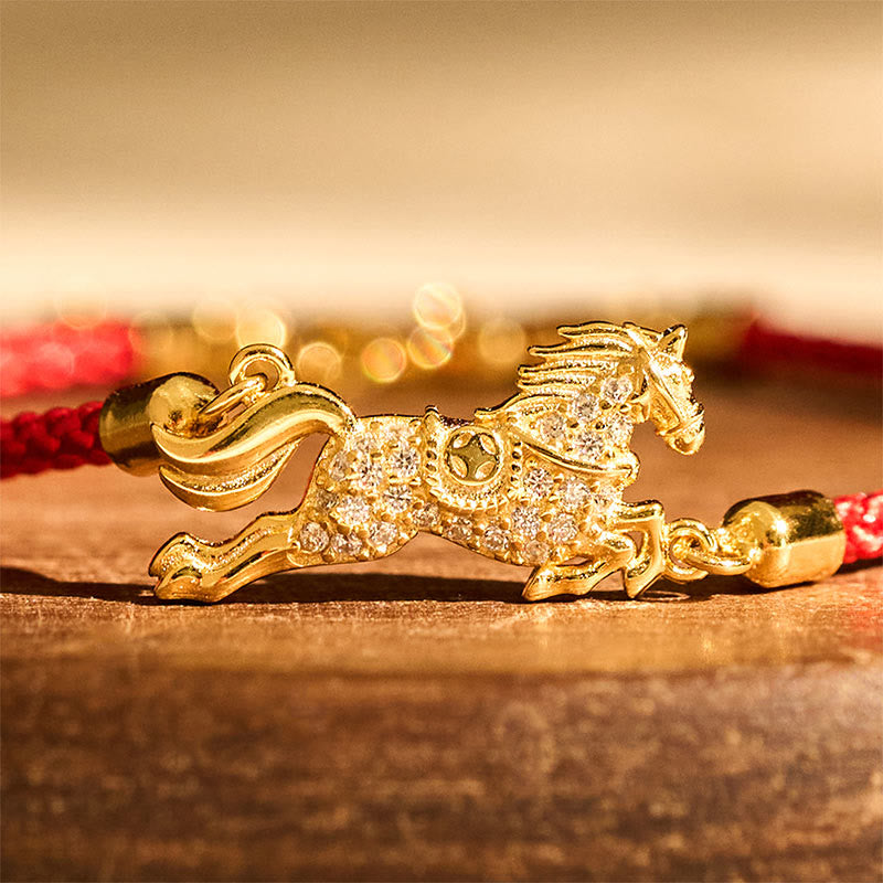 Chinese Zodiac Year Of The Horse 925 Sterling Silver Golden Red String Luck Bracelet