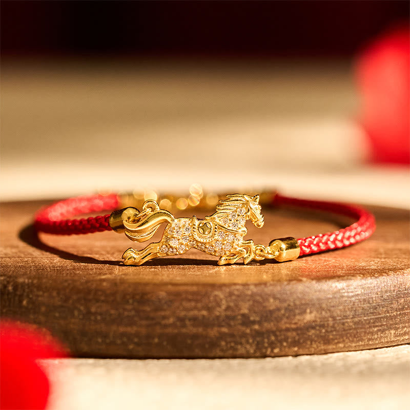 Chinese Zodiac Year Of The Horse 925 Sterling Silver Golden Red String Luck Bracelet