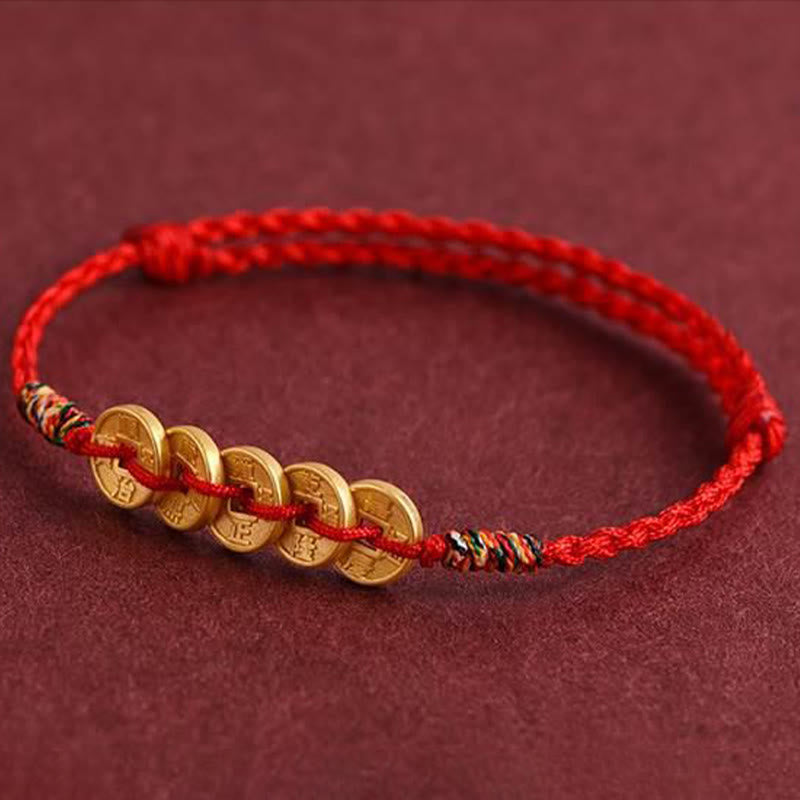 Five Copper Coins Design Braided String Protection Bracelet Anklet