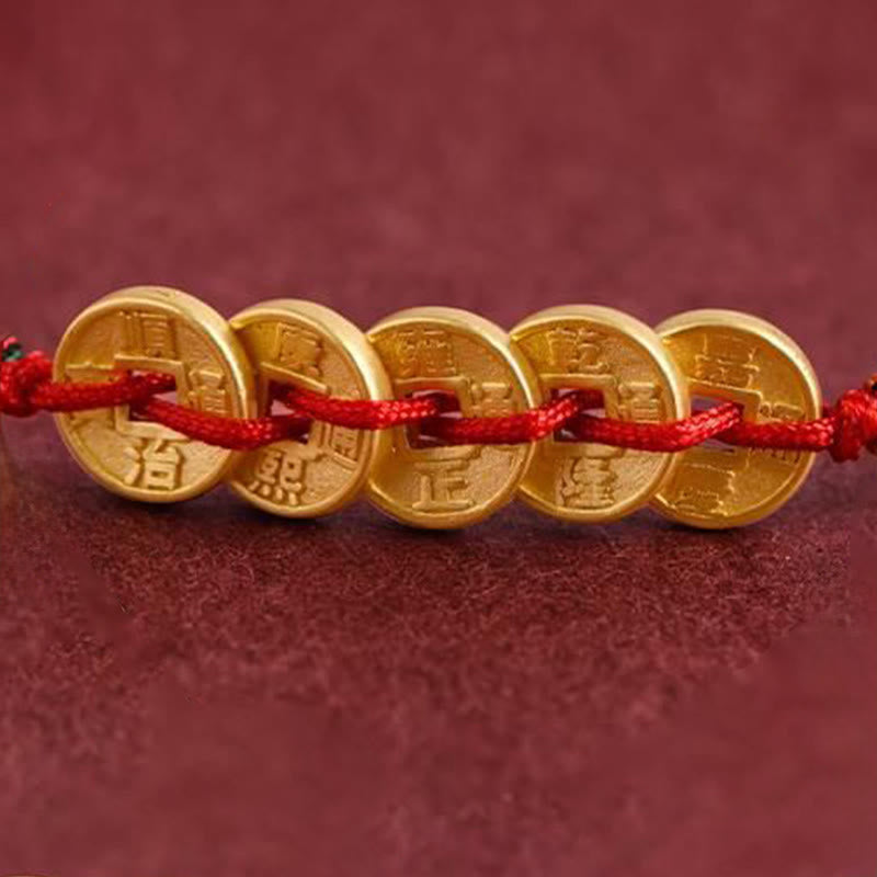 Five Copper Coins Design Braided String Protection Bracelet Anklet