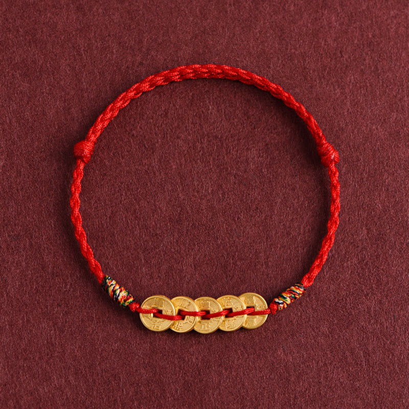 Five Copper Coins Design Braided String Protection Bracelet Anklet