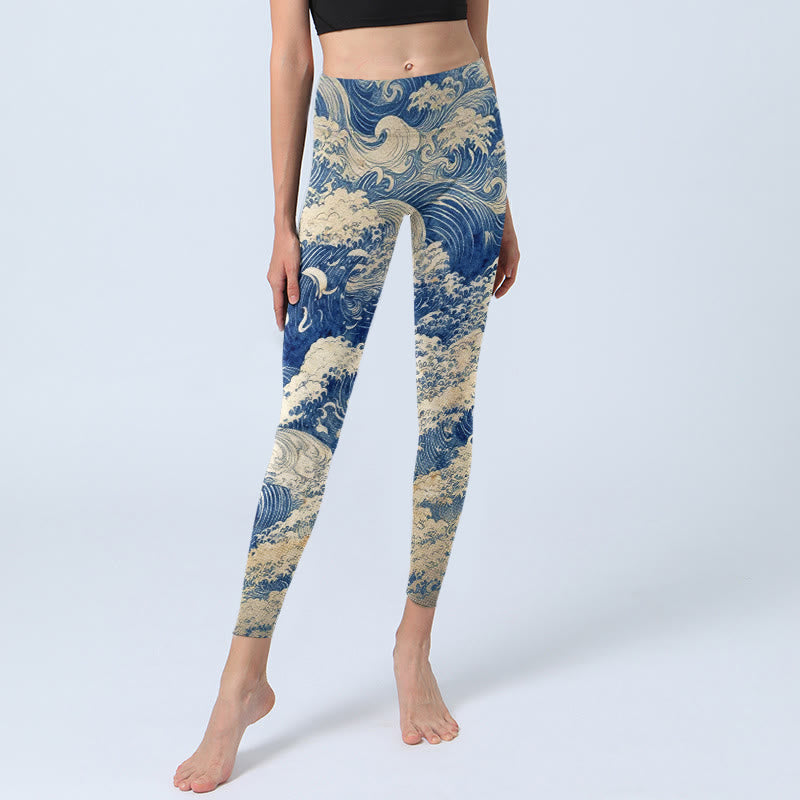 Ocean Waves Pattern Print Gym Leggings Women's Yoga Pants