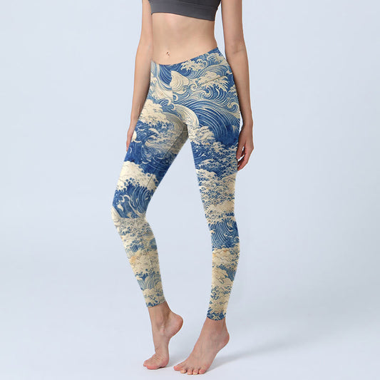 Ocean Waves Pattern Print Gym Leggings Women's Yoga Pants