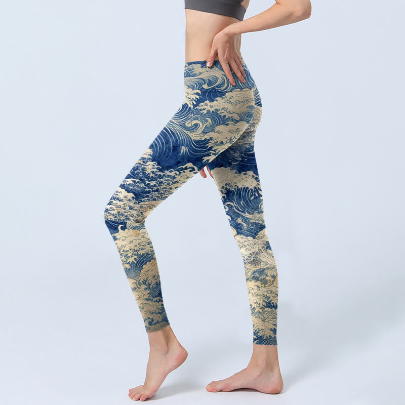 Ocean Waves Pattern Print Gym Leggings Women's Yoga Pants