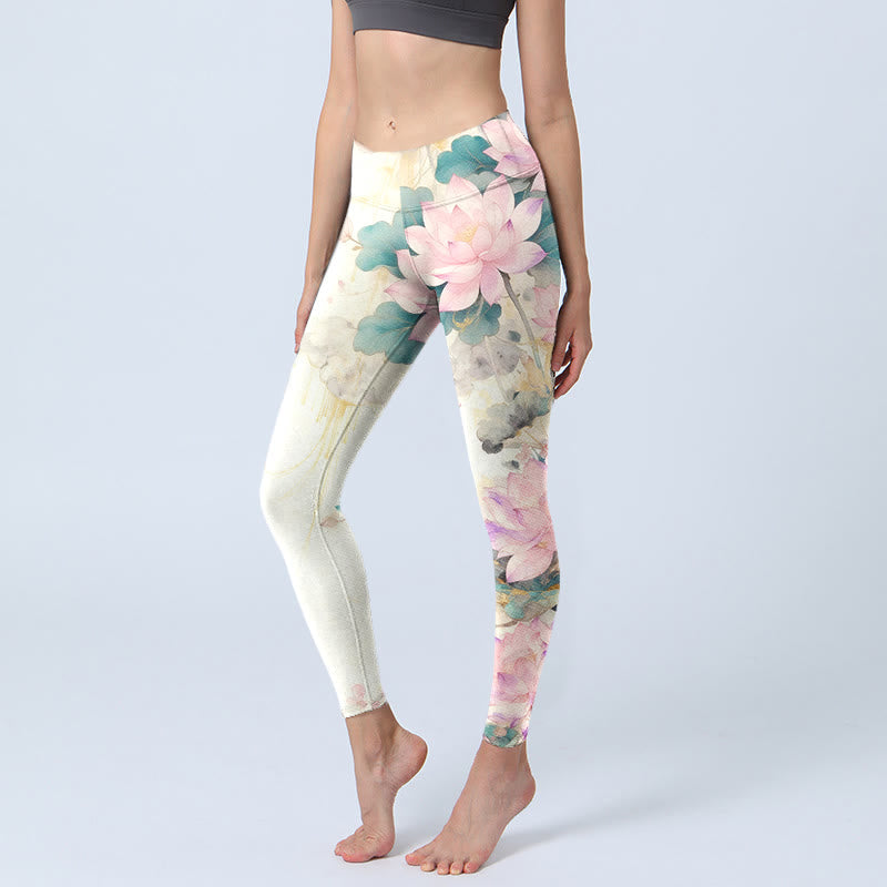 Lotus Petals Leaves Pattern Print Gym Leggings Women's Yoga Pants