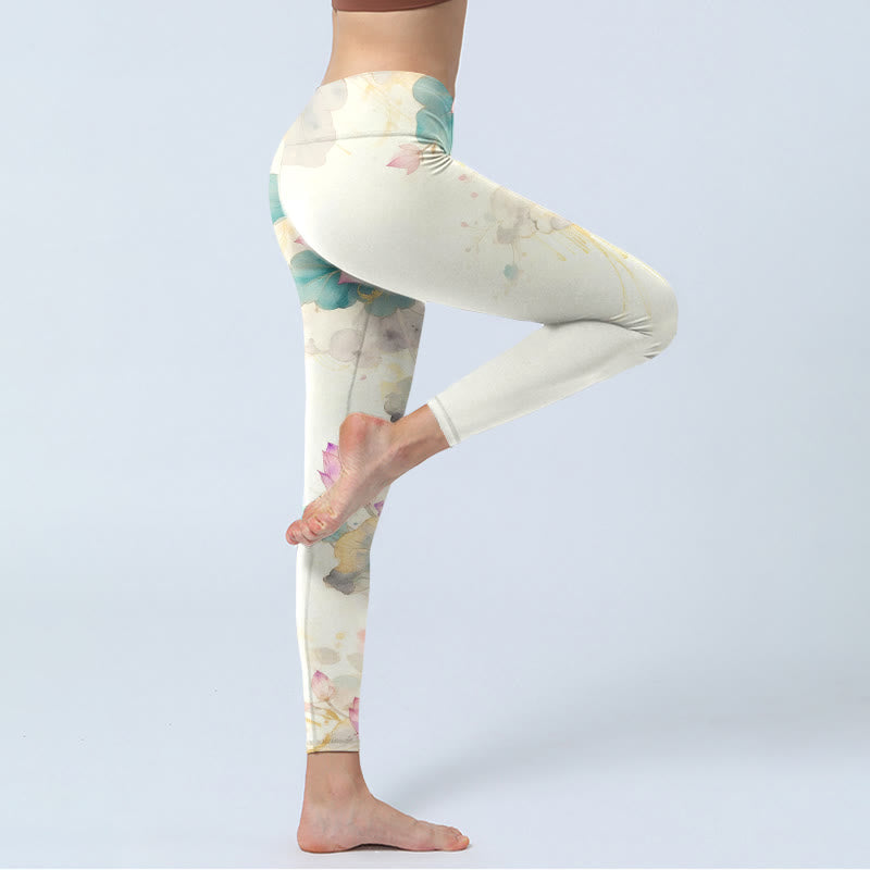 Lotus Petals Leaves Pattern Print Gym Leggings Women's Yoga Pants