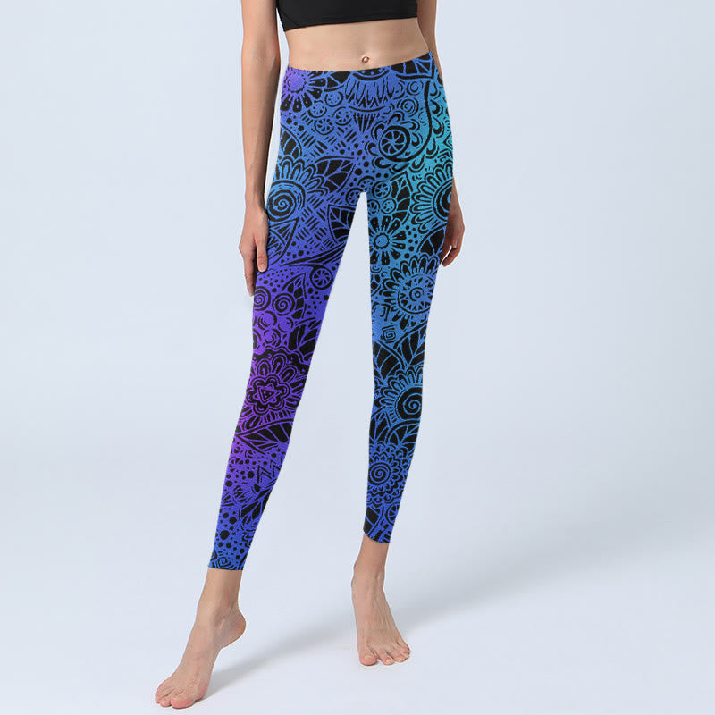 Flowers And Leaves Pattern Print Gym Leggings Women's Yoga Pants