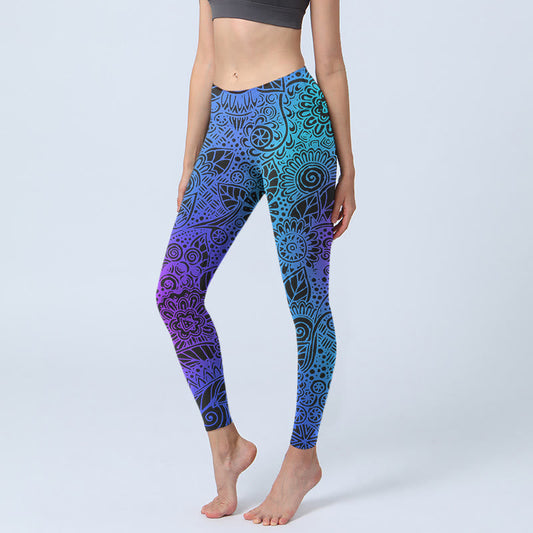 Flowers And Leaves Pattern Print Gym Leggings Women's Yoga Pants