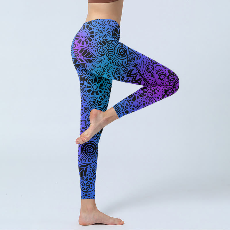 Flowers And Leaves Pattern Print Gym Leggings Women's Yoga Pants