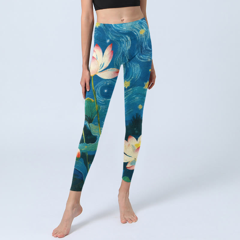 Lotus Flowers Starry Sky Pattern Print Gym Leggings Women's Yoga Pants