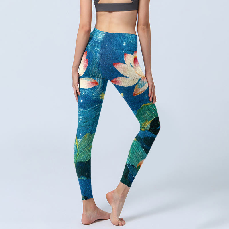 Lotus Flowers Starry Sky Pattern Print Gym Leggings Women's Yoga Pants