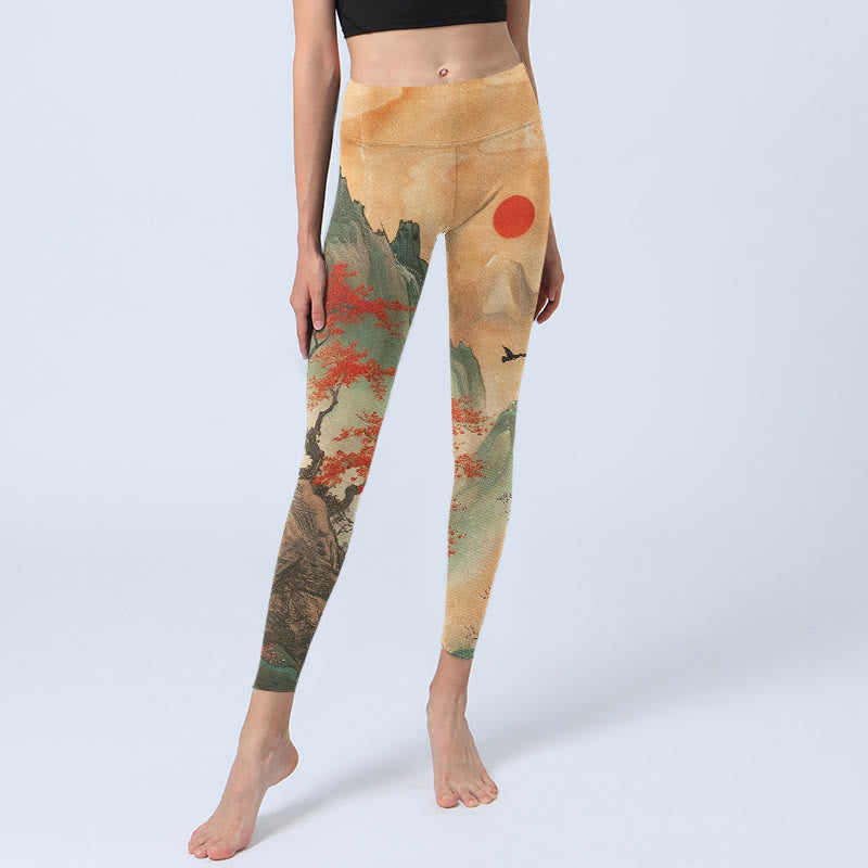 Mountains Trees Rising Sun Pattern Print Gym Leggings Women's Yoga Pants