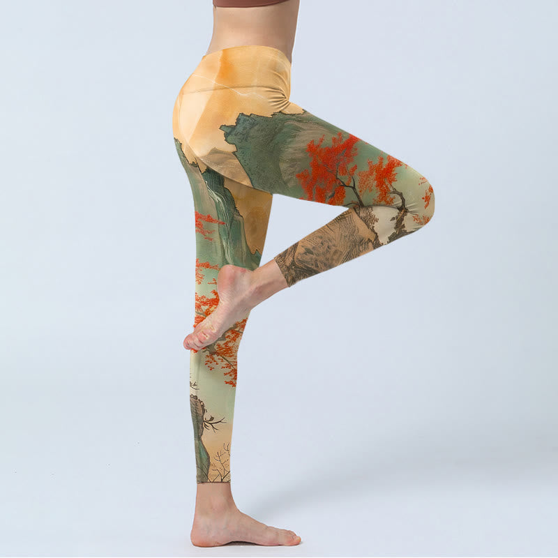 Mountains Trees Rising Sun Pattern Print Gym Leggings Women's Yoga Pants