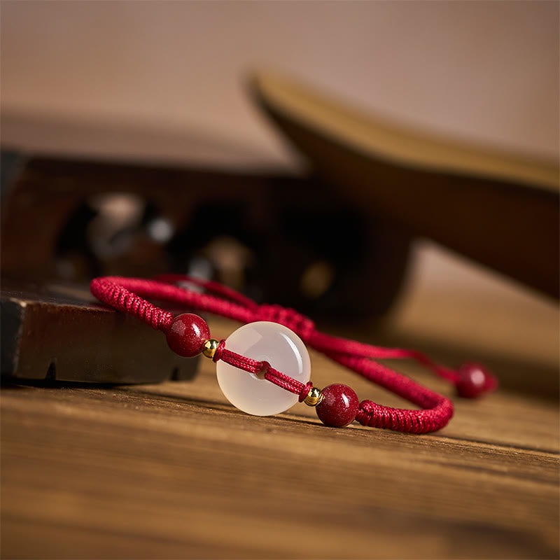 Peace Buckle White Agate Flat Knot Diamond Knot Red String Connection Bracelet