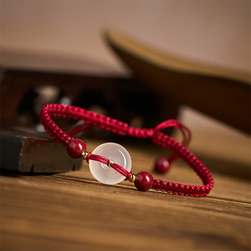 Peace Buckle White Agate Flat Knot Diamond Knot Red String Connection Bracelet