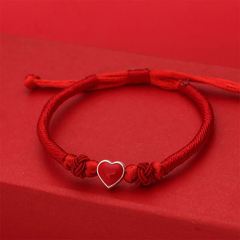 999 Sterling Silver 3D Heart Design Red String Connection Bracelet