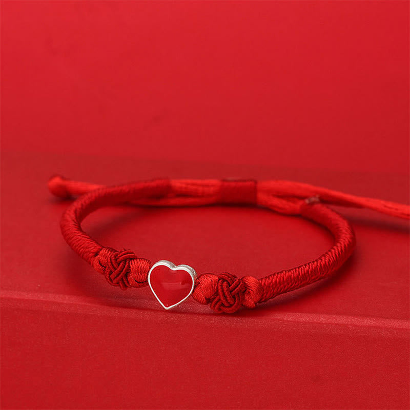 999 Sterling Silver 3D Heart Design Red String Connection Bracelet