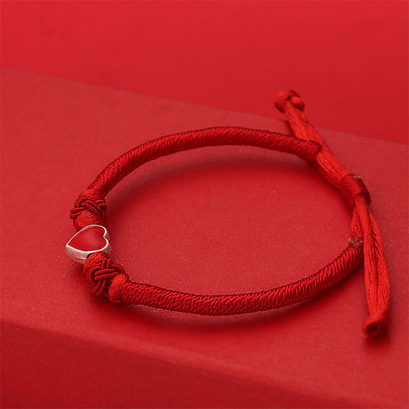 999 Sterling Silver 3D Heart Design Red String Connection Bracelet
