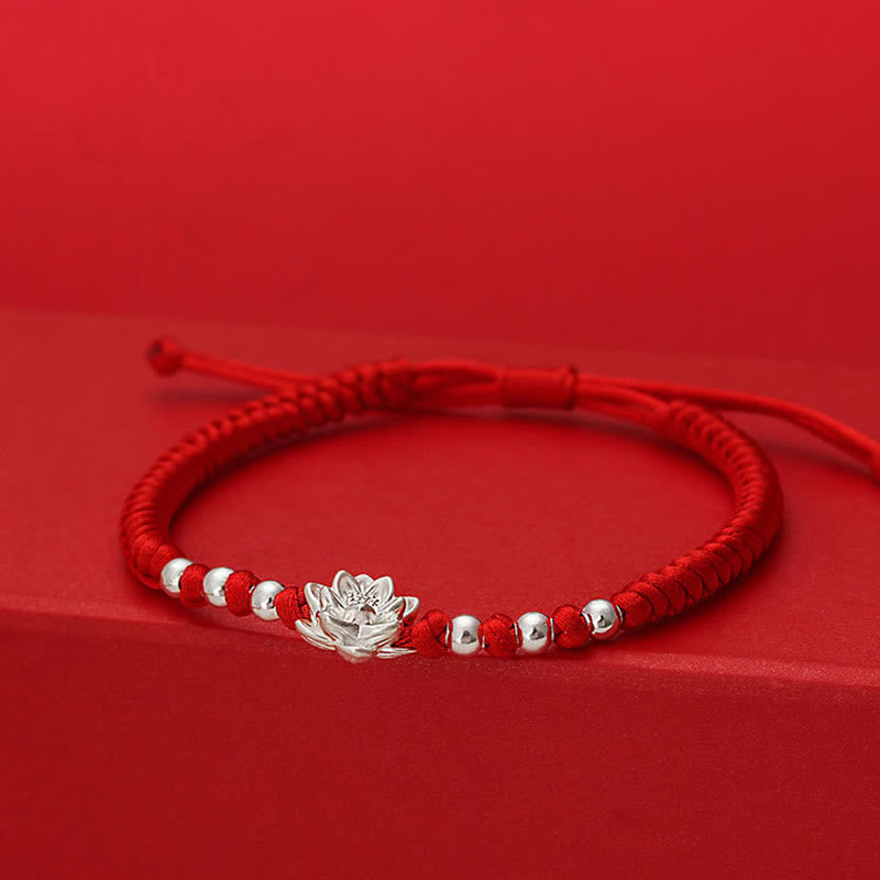 999 Sterling Silver Lotus Symbol 990 Sterling Silver Bead Red String Luck Bracelet