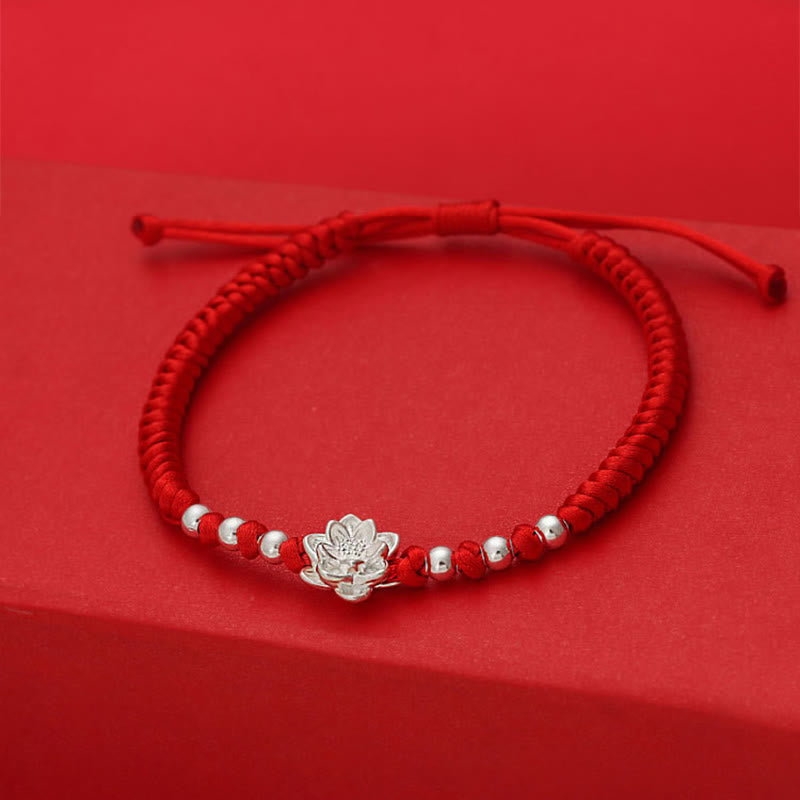 999 Sterling Silver Lotus Symbol 990 Sterling Silver Bead Red String Luck Bracelet