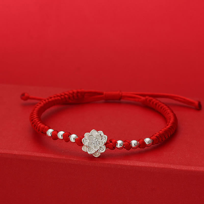 999 Sterling Silver Lotus Symbol 990 Sterling Silver Bead Red String Luck Bracelet