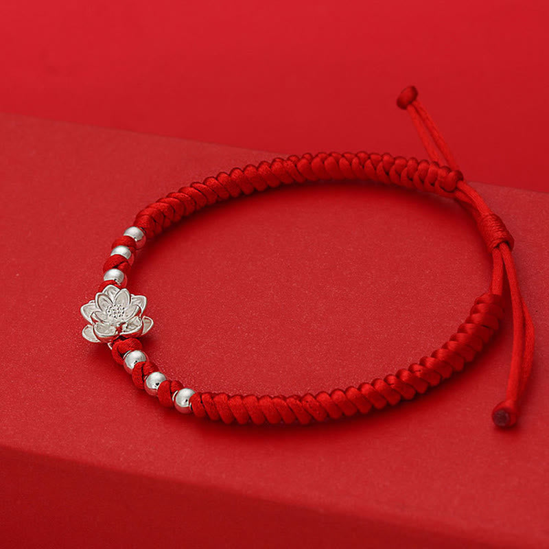 999 Sterling Silver Lotus Symbol 990 Sterling Silver Bead Red String Luck Bracelet