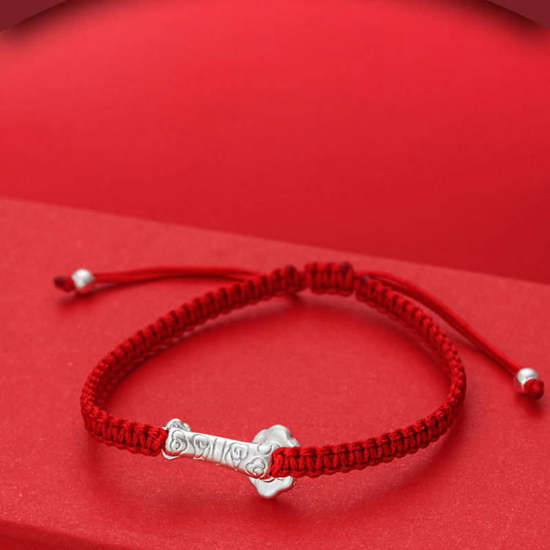 999 Sterling Silver Ruyi Fu Character Luck Red String Connection Braided Bracelet