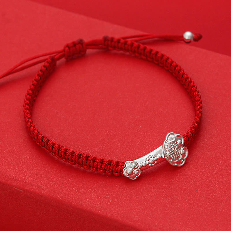 999 Sterling Silver Ruyi Fu Character Luck Red String Connection Braided Bracelet