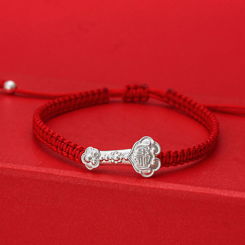 999 Sterling Silver Ruyi Fu Character Luck Red String Connection Braided Bracelet