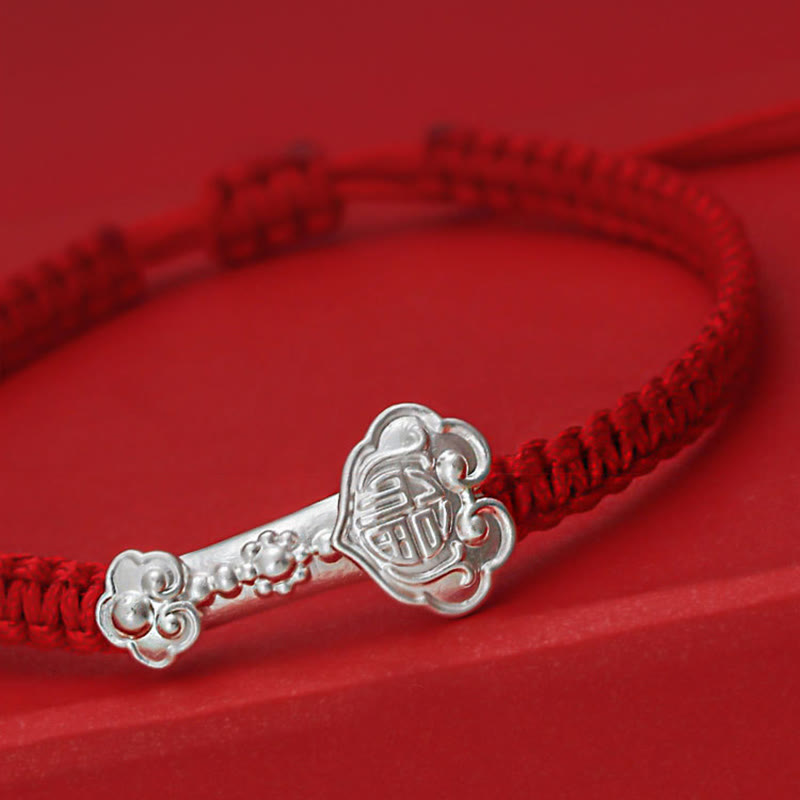 999 Sterling Silver Ruyi Fu Character Luck Red String Connection Braided Bracelet