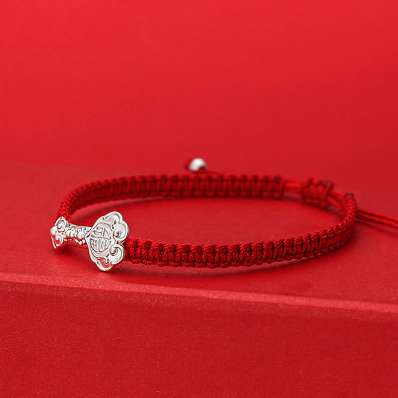 999 Sterling Silver Ruyi Fu Character Luck Red String Connection Braided Bracelet