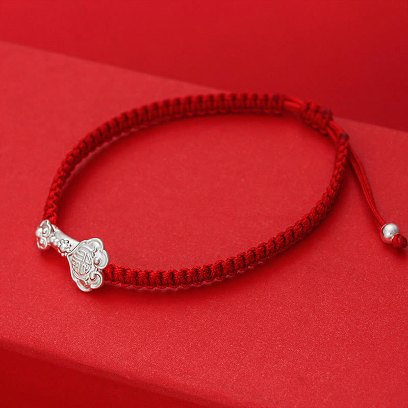 999 Sterling Silver Ruyi Fu Character Luck Red String Connection Braided Bracelet