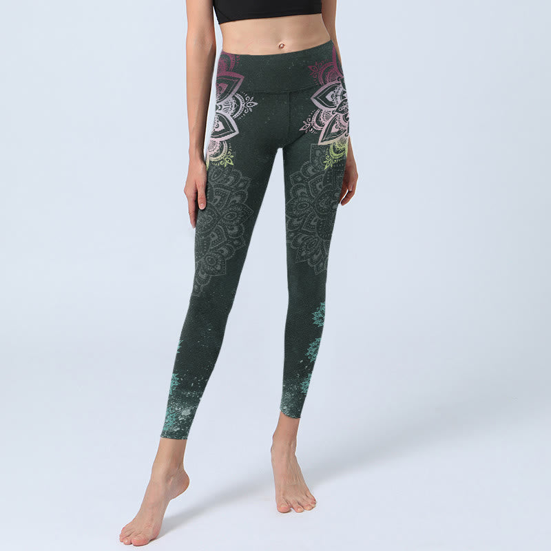 Symmetry Mandalas Lotus Flowers Pattern Print Gym Leggings Women's Yoga Pants