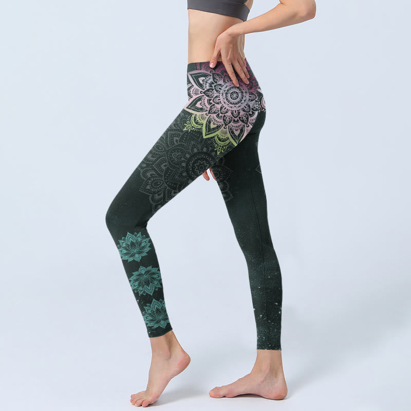 Symmetry Mandalas Lotus Flowers Pattern Print Gym Leggings Women's Yoga Pants