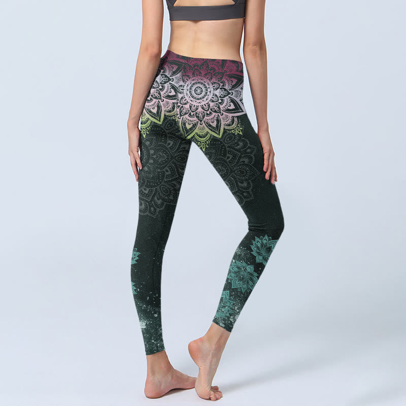 Symmetry Mandalas Lotus Flowers Pattern Print Gym Leggings Women's Yoga Pants