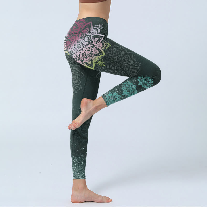 Symmetry Mandalas Lotus Flowers Pattern Print Gym Leggings Women's Yoga Pants
