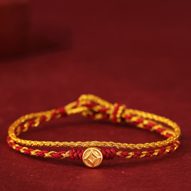 999 Gold Beads Copper Coin Double Wrap Golden Red String Connection Braided Bracelet