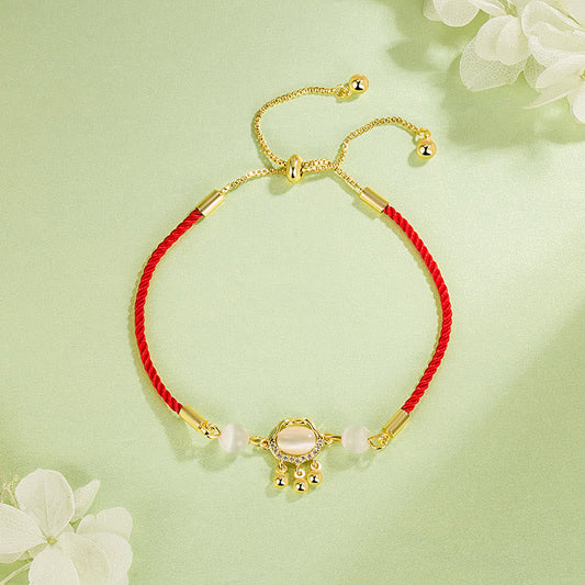 Chinese Lock Charm Cat's Eye Red String Copper Plated Gold Protection Bracelet