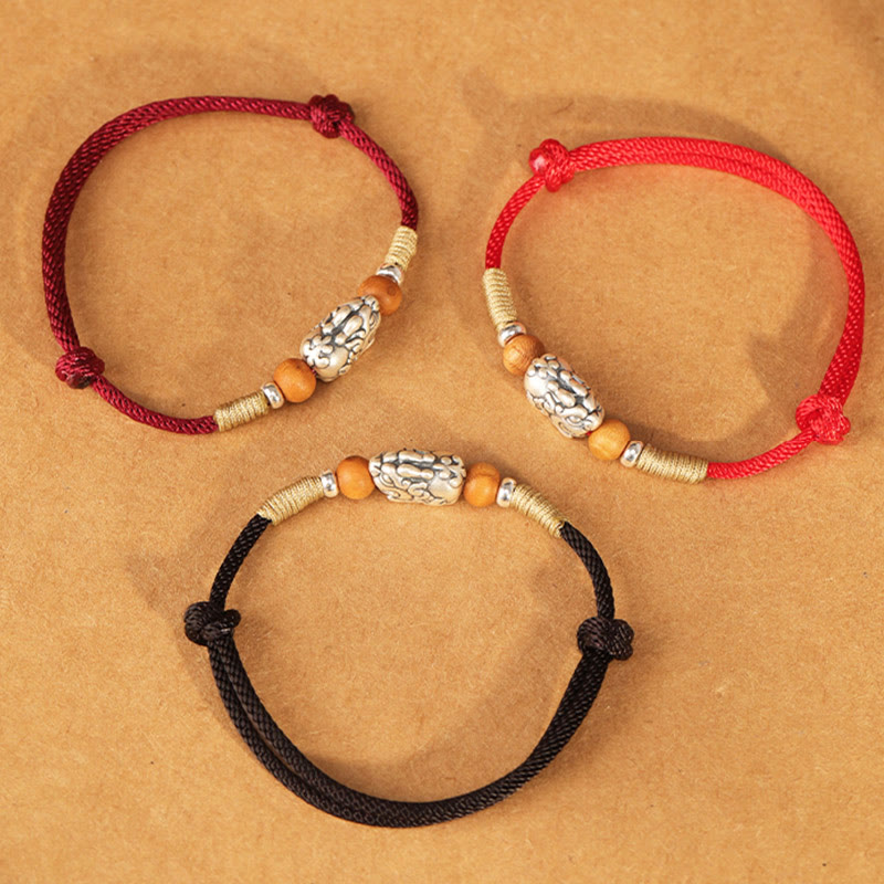 999 Sterling Silver Pixiu Charm Peach Wood Bead Handmade String Braided Luck Bracelet Anklet