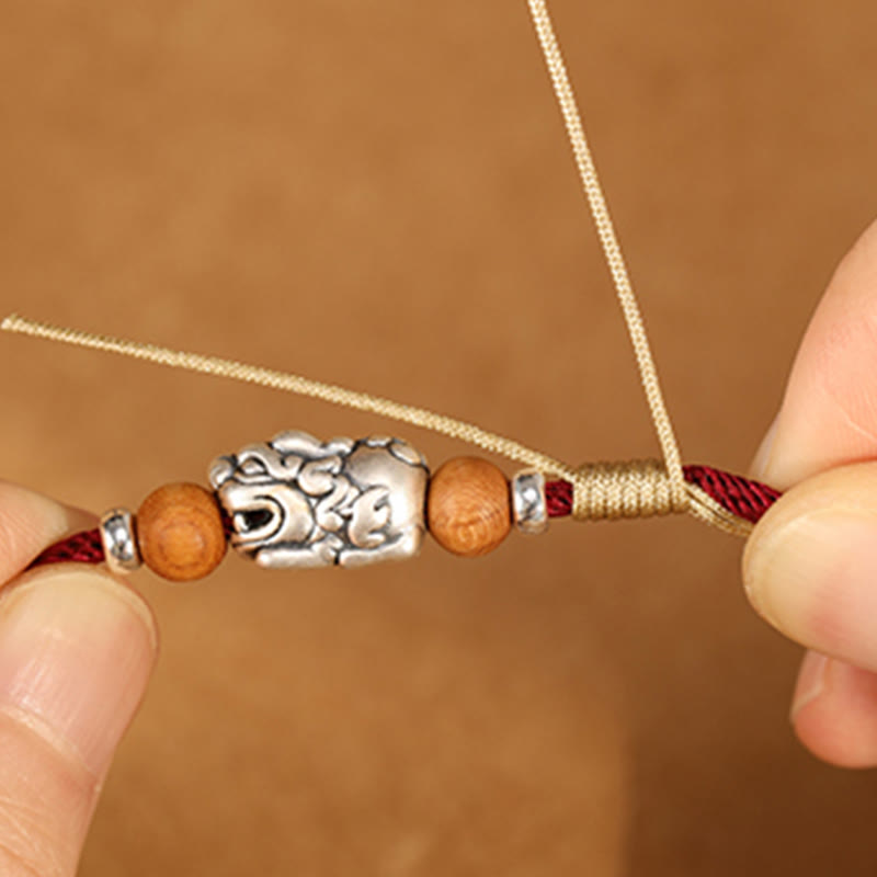 999 Sterling Silver Pixiu Charm Peach Wood Bead Handmade String Braided Luck Bracelet Anklet