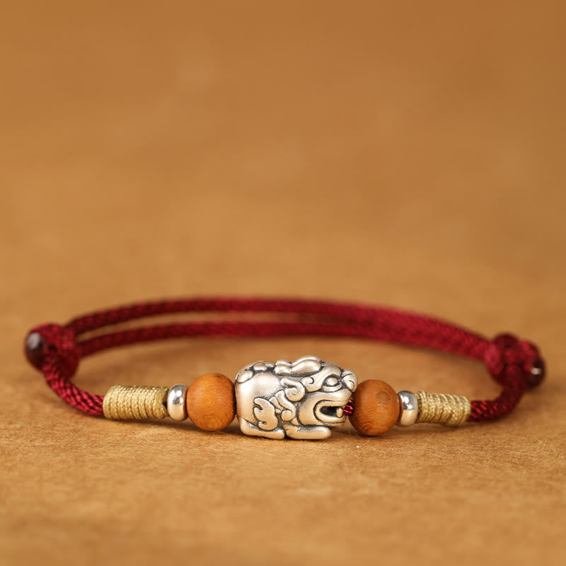 999 Sterling Silver Pixiu Charm Peach Wood Bead Handmade String Braided Luck Bracelet Anklet