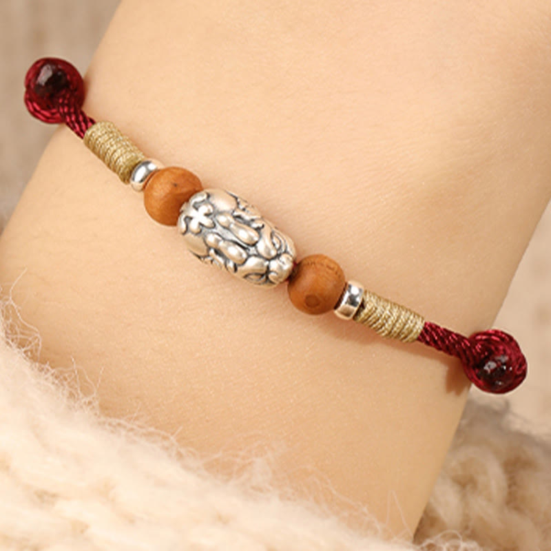 999 Sterling Silver Pixiu Charm Peach Wood Bead Handmade String Braided Luck Bracelet Anklet