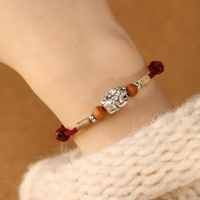 999 Sterling Silver Pixiu Charm Peach Wood Bead Handmade String Braided Luck Bracelet Anklet