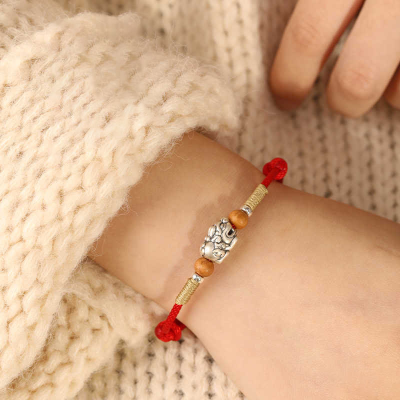 999 Sterling Silver Pixiu Charm Peach Wood Bead Handmade String Braided Luck Bracelet Anklet