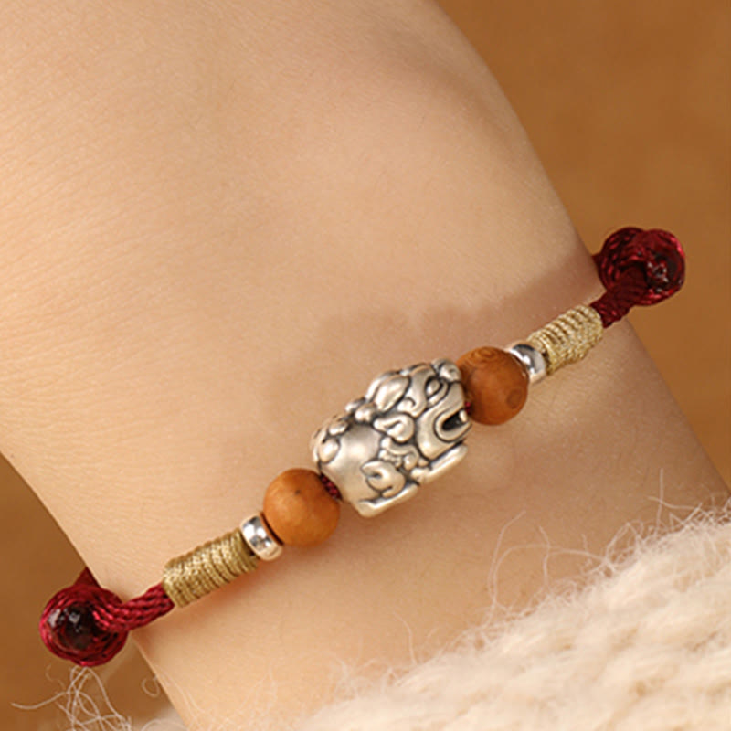 999 Sterling Silver Pixiu Charm Peach Wood Bead Handmade String Braided Luck Bracelet Anklet